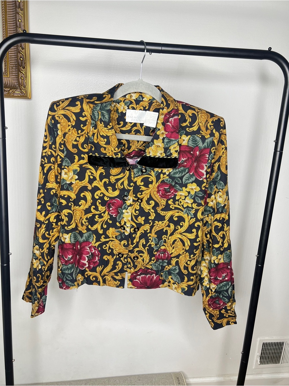 Halogen Petite Baroque Floral Button-Up Blouse in Black, Gold & Burgundy